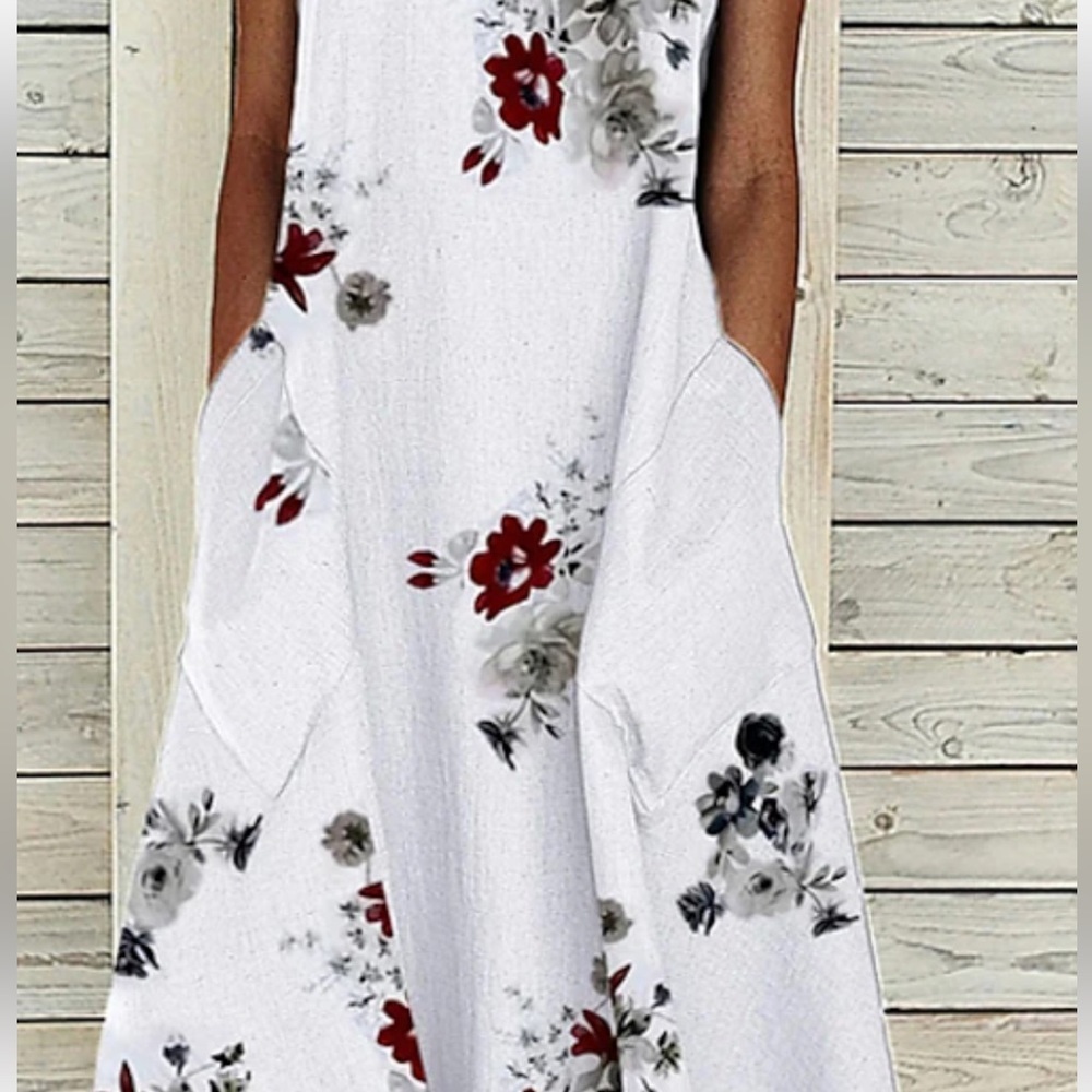 Floral A LINE Crew Neck MIDI DRESS with Pockets Women Size Small White NWOT - Picture 2 of 7